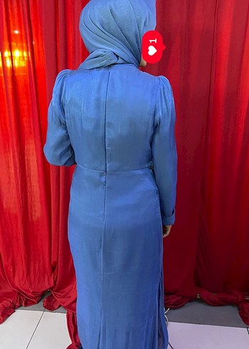 Uzun Kollu Mavi Drapeli Uzun Abiye Elbise - Görsel 3