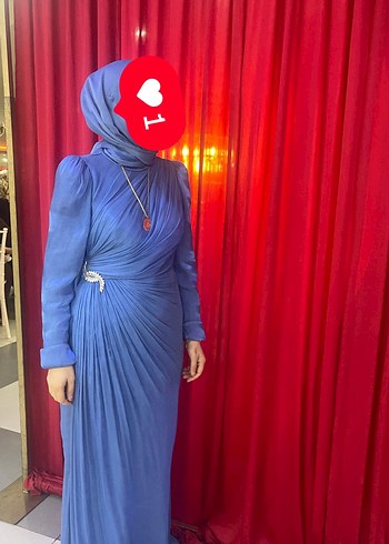 Uzun Kollu Mavi Drapeli Uzun Abiye Elbise - Görsel 2