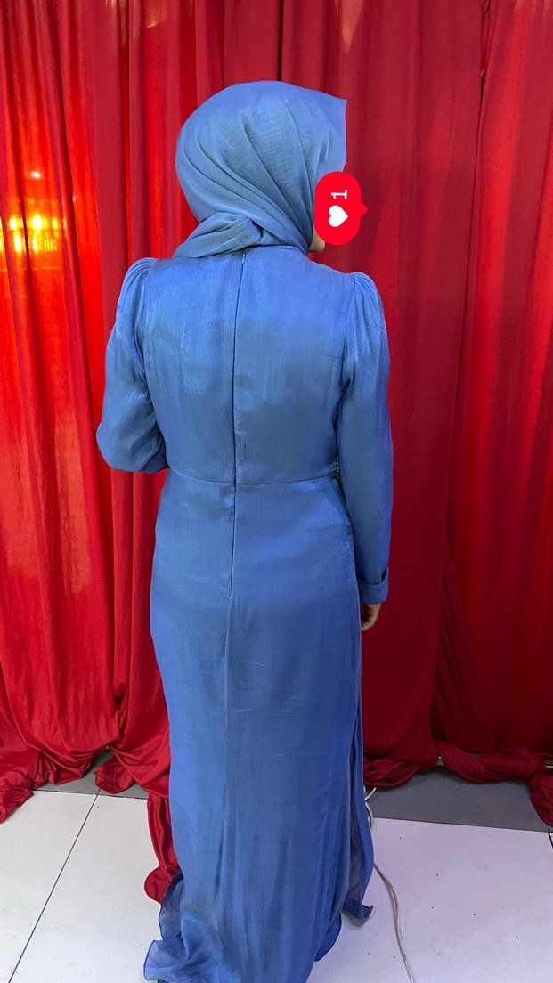 Uzun Kollu Mavi Drapeli Uzun Abiye Elbise - Görsel 3