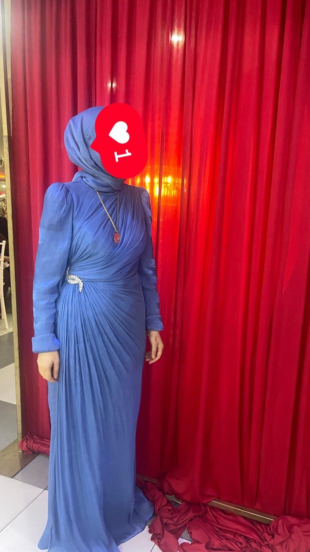 Uzun Kollu Mavi Drapeli Uzun Abiye Elbise - Görsel 2