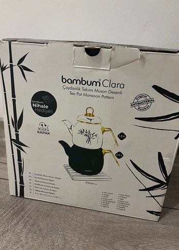 Beyaz ve yeşil  bambu desenli çaydanlık - Görsel 5