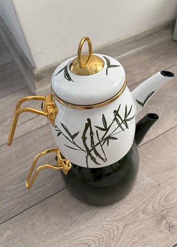 Beyaz ve yeşil  bambu desenli çaydanlık - Görsel 2