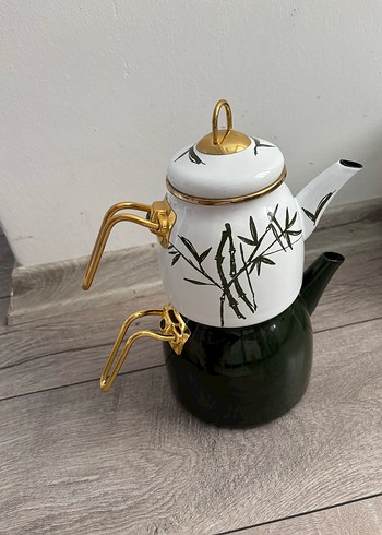 Beyaz ve yeşil  bambu desenli çaydanlık - Görsel 3