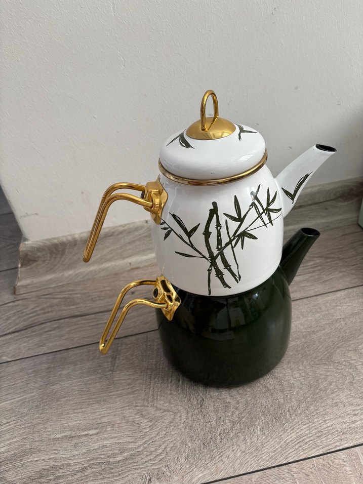 Beyaz ve yeşil  bambu desenli çaydanlık - Görsel 3