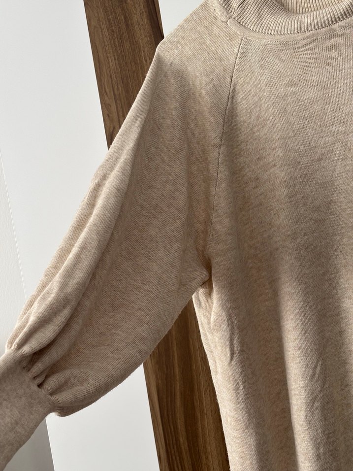Bej Uzun Kollu Triko Keten Elbise - Görsel 4