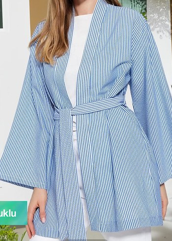 Mavi Çizgili Midi Kadın Kimono