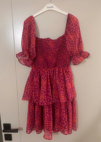 36 Beden pembe Renk Pembe Volanlı Mini Bohem Elbise