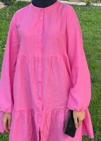 Düğmeli Pembe Uzun Keten Tunik