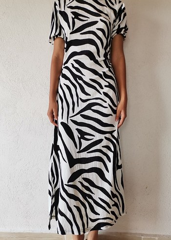 38 Beden Zebra Desenli Uzun Kadın Elbise