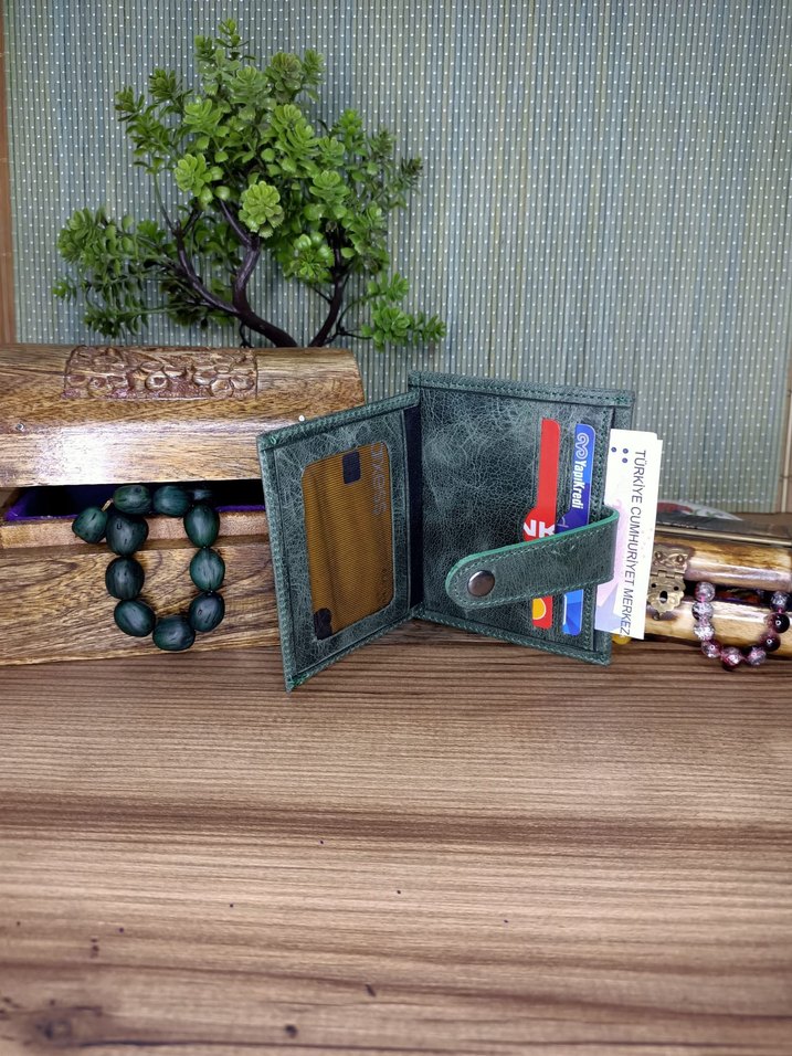 %100 Hakiki Deri Yeşil Vintage Desenli Erkek Cüzdanı - Görsel 2
