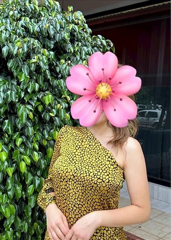 Sarı Yılan Desenli saten tek kol elbise abiye - Görsel 3