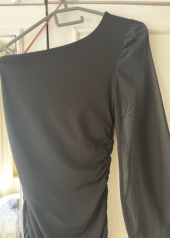 Sıfır Drapeli tek omuz Siyah Mini Elbise etiketli - Görsel 4