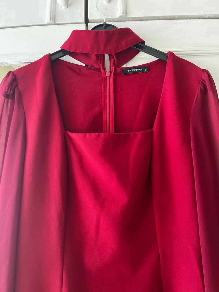 Bordo Yakalı Mini Abiye Elbise - Görsel 2