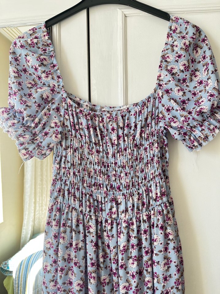 Lila çiçekli likralı Bohem Tarz Uzun Rahat Elbise - Görsel 4