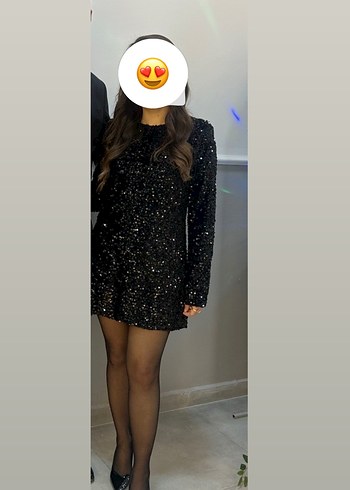 Siyah Parlak Mini  pullu payetli Abiye Elbise - Görsel 3