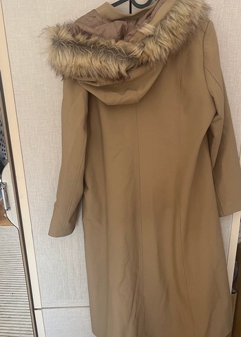 44 Beden camel Renk Bej Uzun Kadın Kaban - Kürklü Detaylı