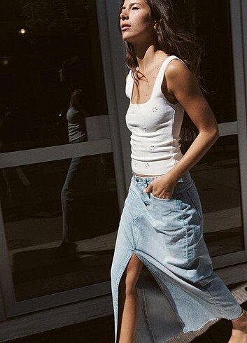 ZARA YIRTMAÇLI DENIM MİDİ ETEK