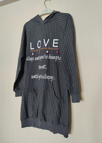 Nakışlı Kapüşonlu Uzun Gri Kadın Sweatshirt