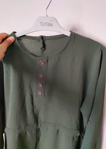 40 Beden haki Renk Düğmeli Koyu Haki Kadın Keten Tunik