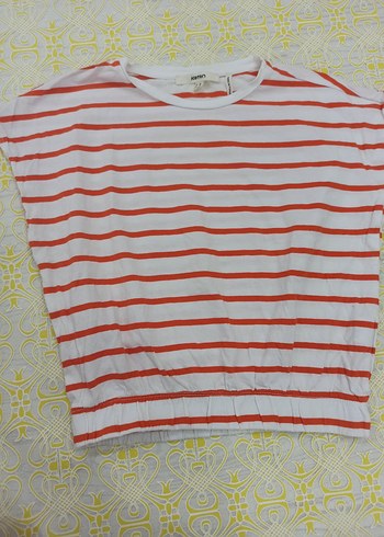 Beyaz Turuncu Çizgili Kısa Kollu Kadın Tişört - Görsel 3