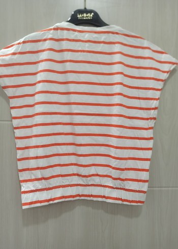 Beyaz Turuncu Çizgili Kısa Kollu Kadın Tişört - Görsel 2