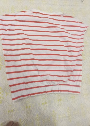 Beyaz Turuncu Çizgili Kısa Kollu Kadın Tişört - Görsel 4