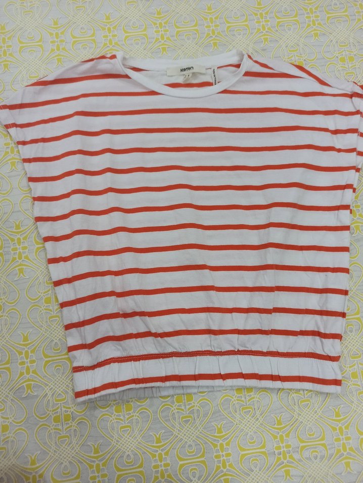 Beyaz Turuncu Çizgili Kısa Kollu Kadın Tişört - Görsel 3