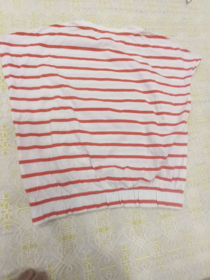 Beyaz Turuncu Çizgili Kısa Kollu Kadın Tişört - Görsel 4