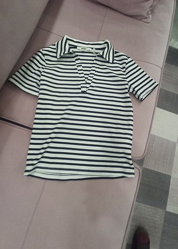 kadin Çizgili simli Polo Yaka Tişört - Görsel 3