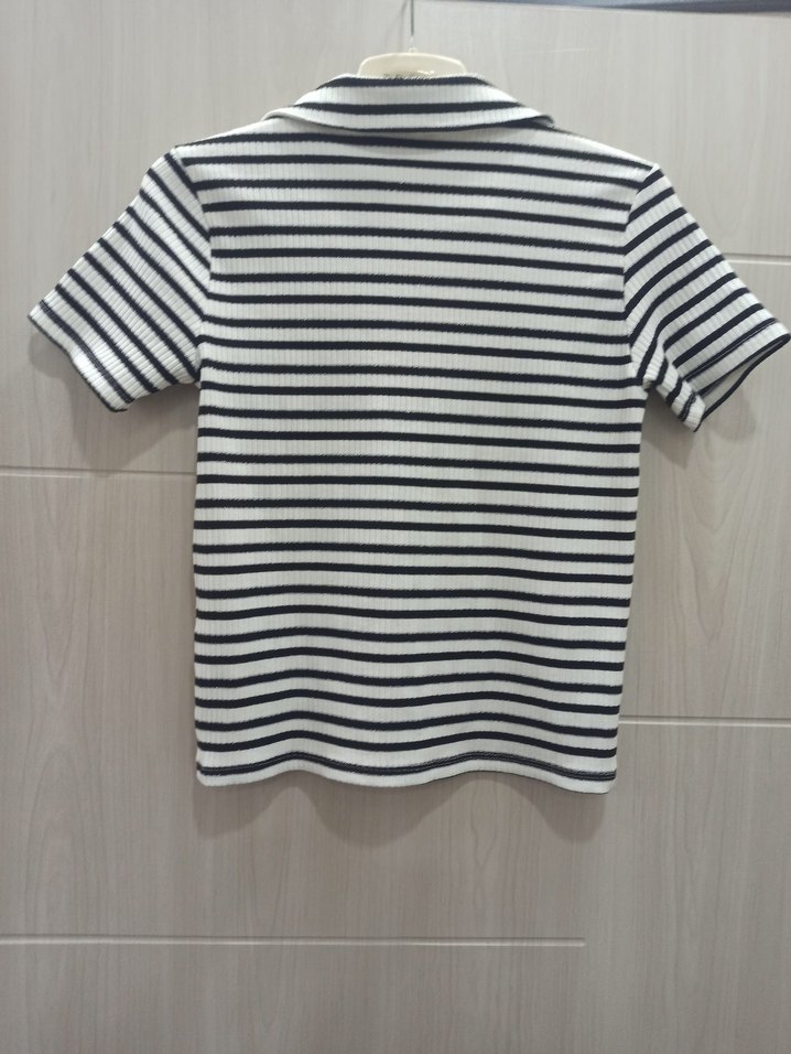 kadin Çizgili simli Polo Yaka Tişört - Görsel 2