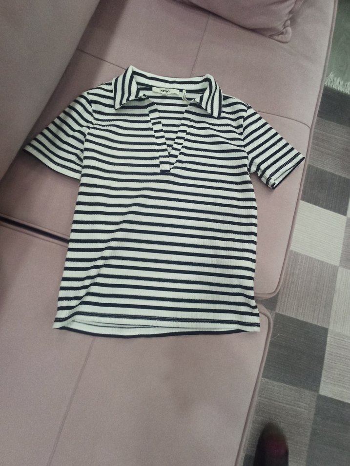 kadin Çizgili simli Polo Yaka Tişört - Görsel 3