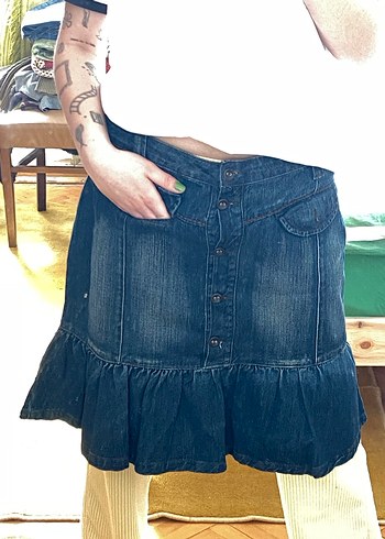 Kadın Koyu Mavi Denim Fırfırlı Mini Etek - Görsel 2