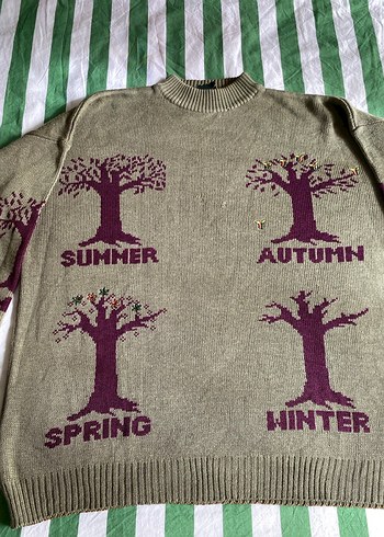 Vintage Yeşil Yüksek Yakalı İşlemeli Kazak - Görsel 2