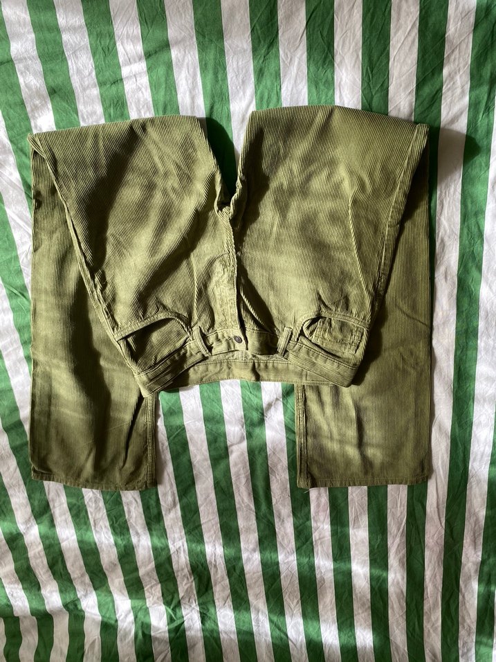 Yeşil Bol Kesim Kadın Fitilli Kadife Pantolon - Görsel 2