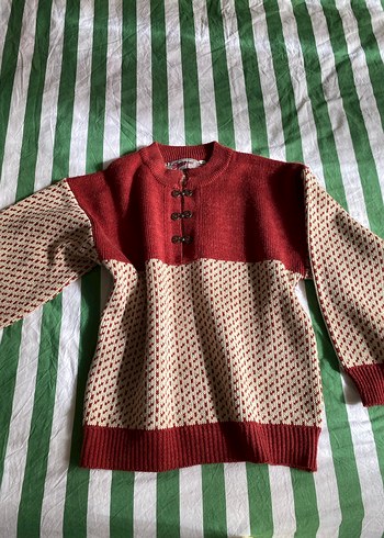 Vintage Pirinç Düğmeli Kırmızı Triko Kadın Kazak - Görsel 2