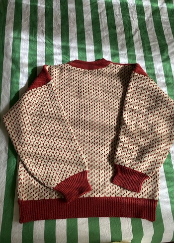 Vintage Pirinç Düğmeli Kırmızı Triko Kadın Kazak - Görsel 3