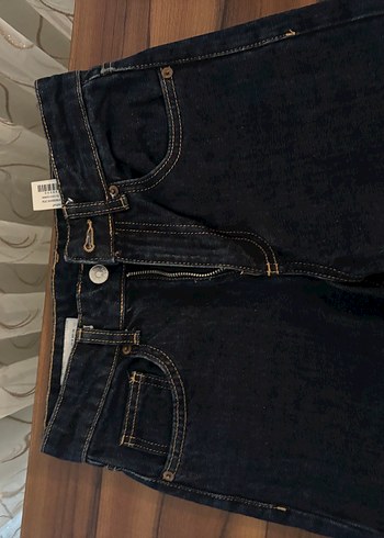 32 Beden Lacivert Kadın Denim Pantolon, Kemerli, Normal Boy
