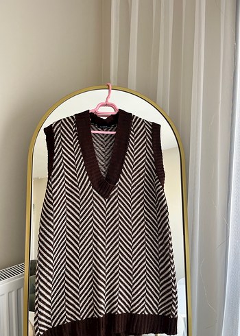 42 Beden kahverengi Renk Kahverengi V Yaka Zebra Desenli Örgü Süveter
