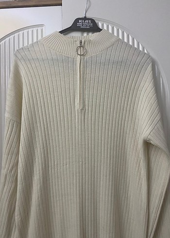 Beyaz Uzun Kollu Örgü Kadın Elbise - Görsel 2