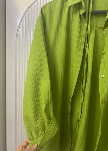 Yeşil Pilili Keten Kadın Gömlek - Görsel 4