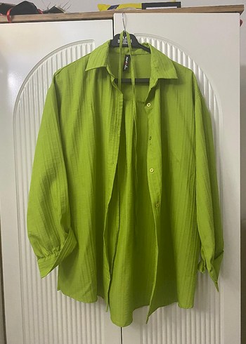 Yeşil Pilili Keten Kadın Gömlek - Görsel 3