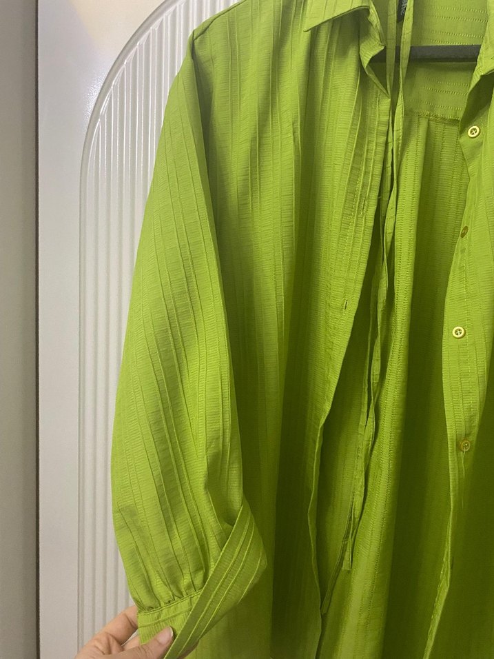 Yeşil Pilili Keten Kadın Gömlek - Görsel 4