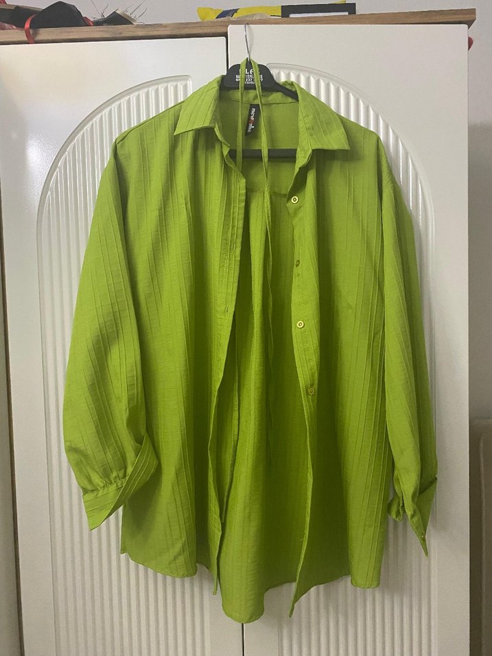 Yeşil Pilili Keten Kadın Gömlek - Görsel 3