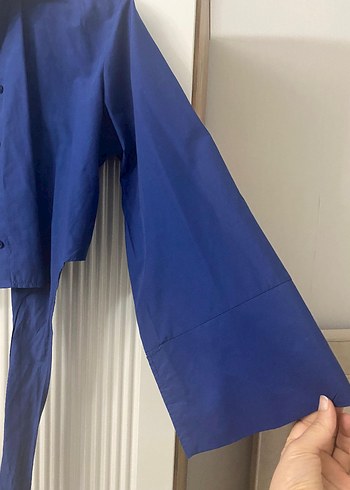 Düğmeli Lacivert Keten Kadın Gömlek - Görsel 3