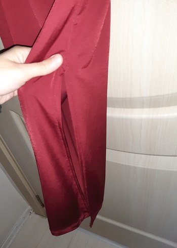 bordo Drapeli V Yakalı Midi Abiye Elbise - Görsel 6