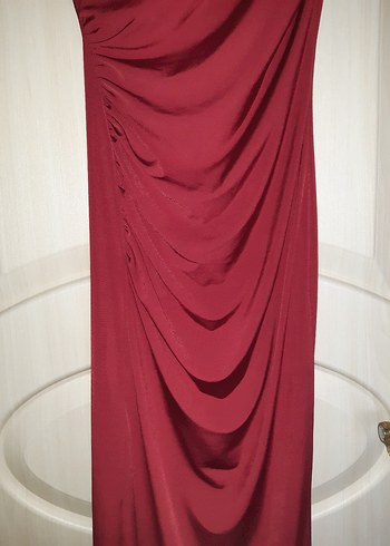 bordo Drapeli V Yakalı Midi Abiye Elbise - Görsel 3