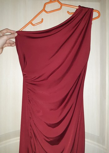 bordo Drapeli V Yakalı Midi Abiye Elbise - Görsel 2