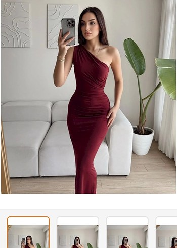 bordo Drapeli V Yakalı Midi Abiye Elbise - Görsel 7