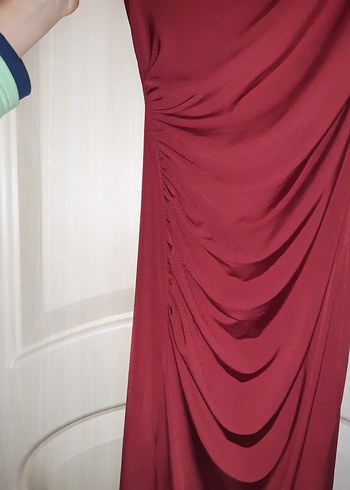 bordo Drapeli V Yakalı Midi Abiye Elbise - Görsel 4