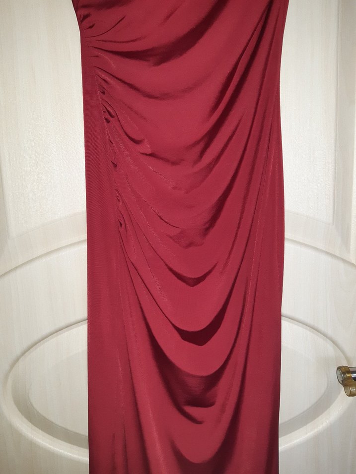 bordo Drapeli V Yakalı Midi Abiye Elbise - Görsel 3